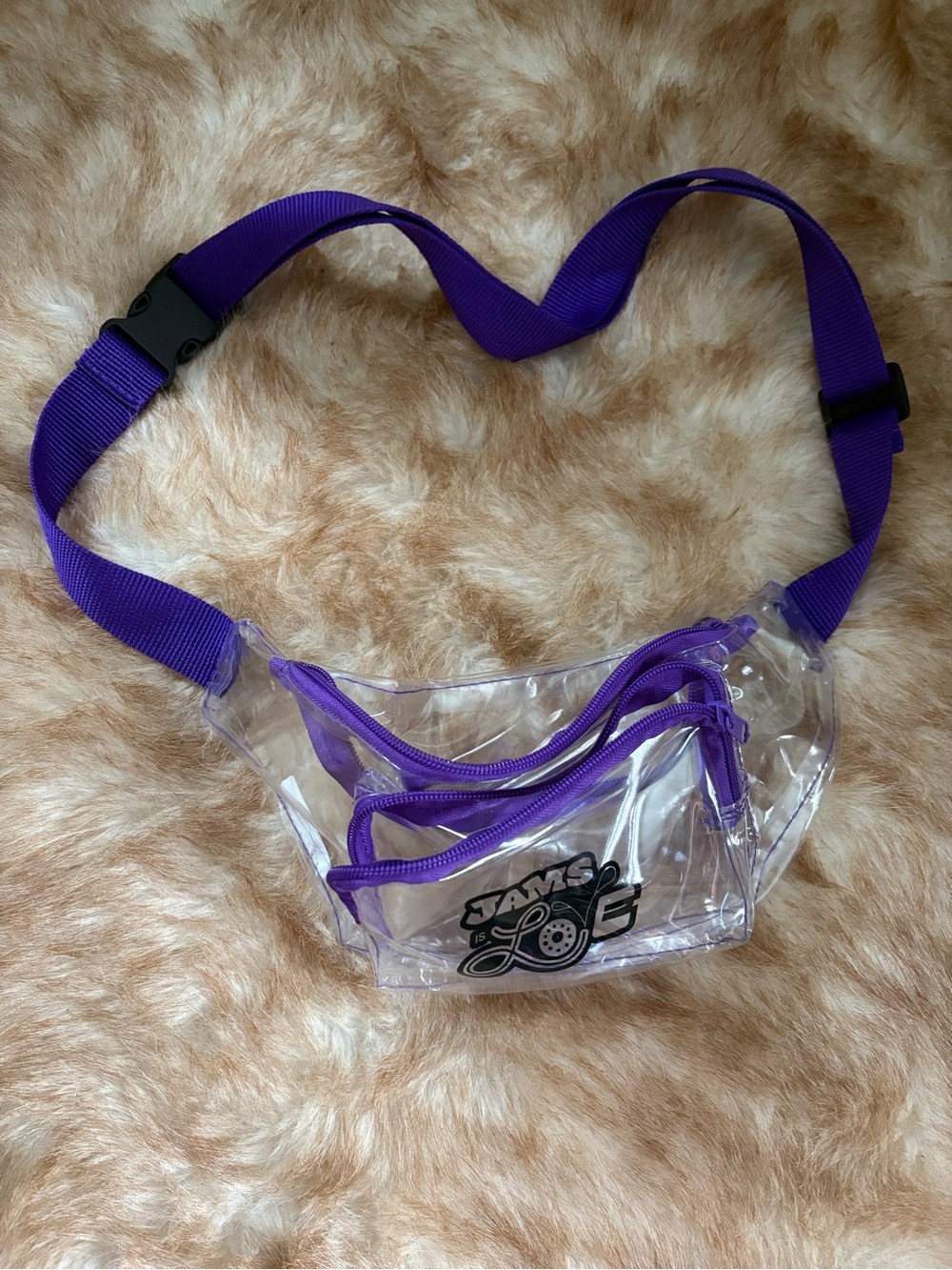 Clear Vinyl Waist Bag with Purple Strap and Zipper -